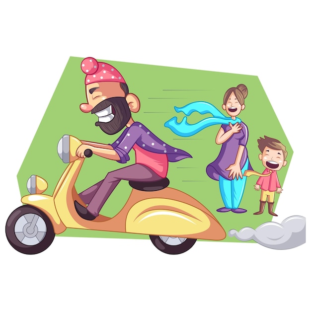 Cartoon illustration of Punjabi sardar is driving scooter