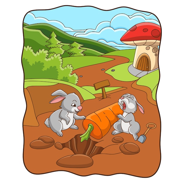 Vector cartoon illustration rabbit digging a carrot