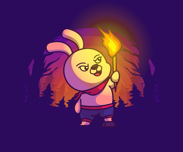 Cartoon illustration of a rabbit in the middle of the forest with a torch