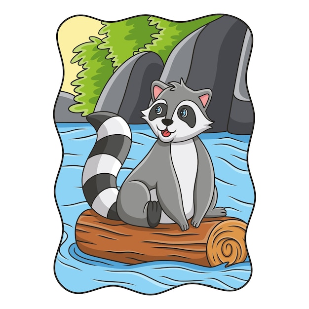 Cartoon illustration the raccoon is climbing a large tree trunk that floats in the river in a sitting position