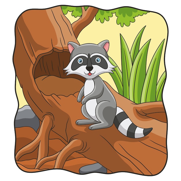 Cartoon illustration raccoon standing on a big tree