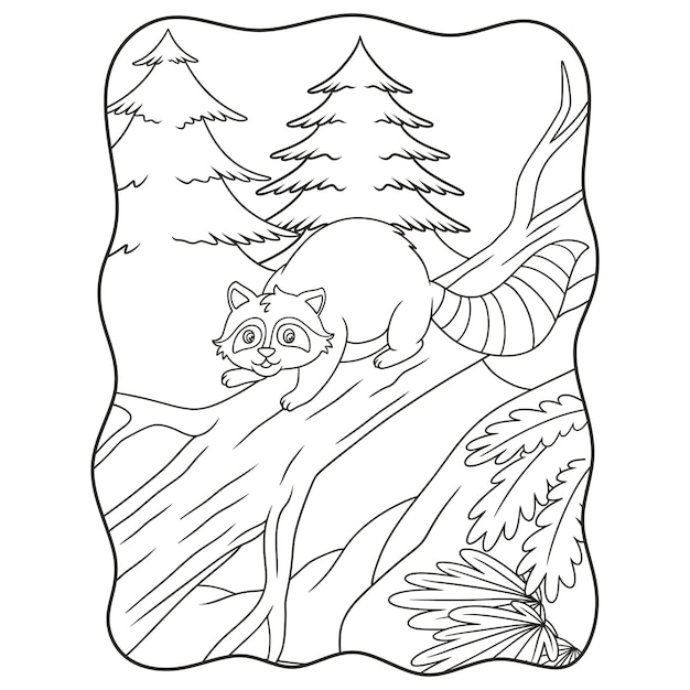 漫画イラストアライグマは、森の真ん中で木の幹でリラックスして、黒と白の子供のための太陽の本やページを楽しんでいます