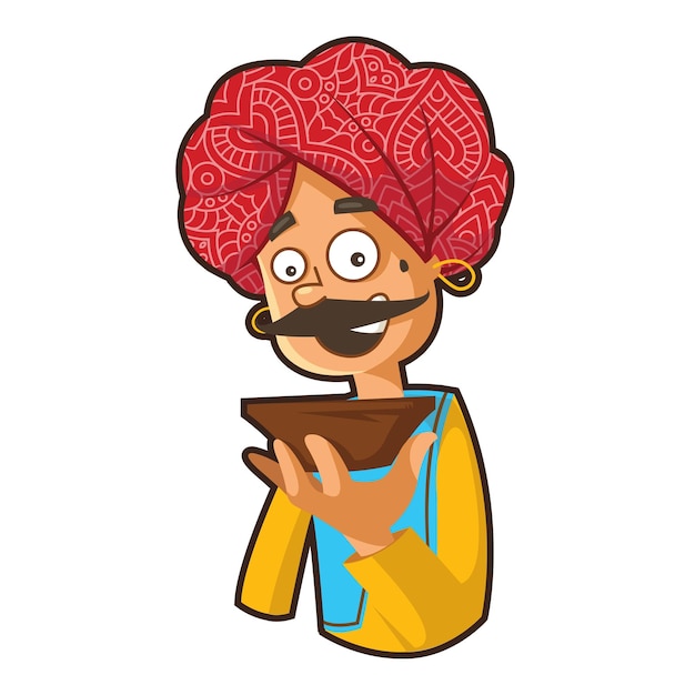 Cartoon illustration of rajasthani man holding bowl in hand