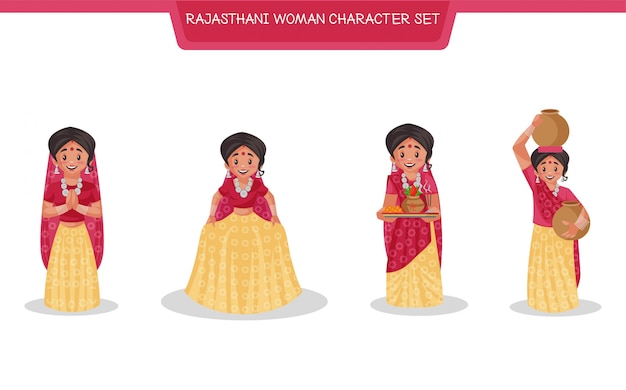 Vector cartoon illustration of rajasthani woman character set