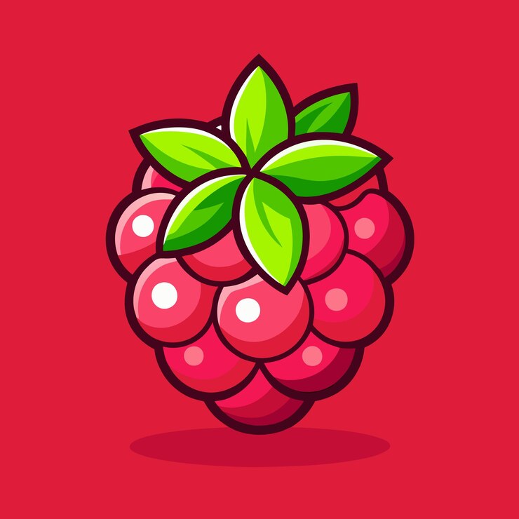 Vector a cartoon illustration of a raspberry with a bright red color and green leaves