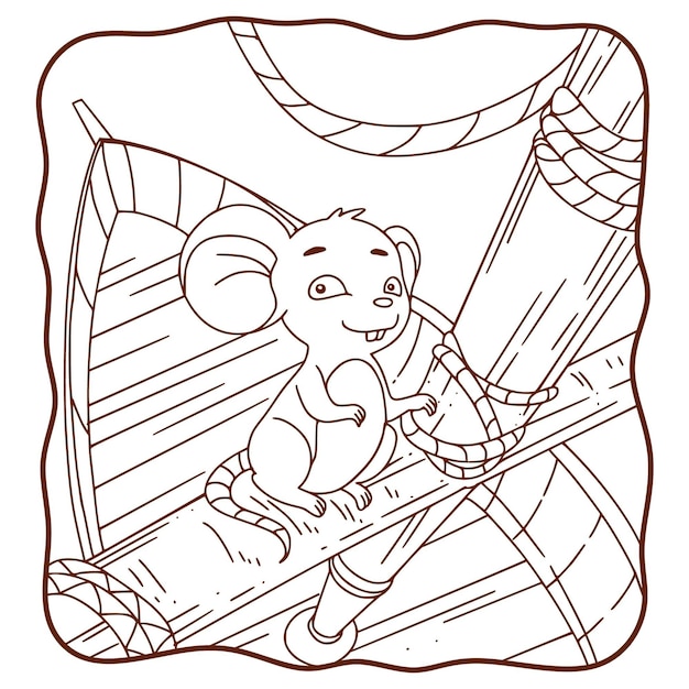 Illustrazione del fumetto che il topo è sul libro o sulla pagina della barca per i bambini in bianco e nero