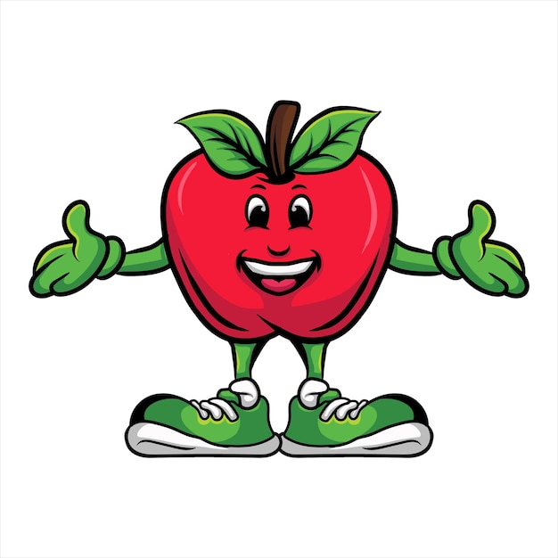 Vector cartoon illustration of a red apple character with green eyes and green shoes.