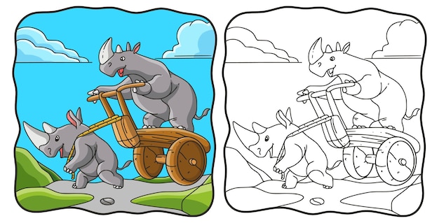 Cartoon illustration rhino playing cart book or page for kids