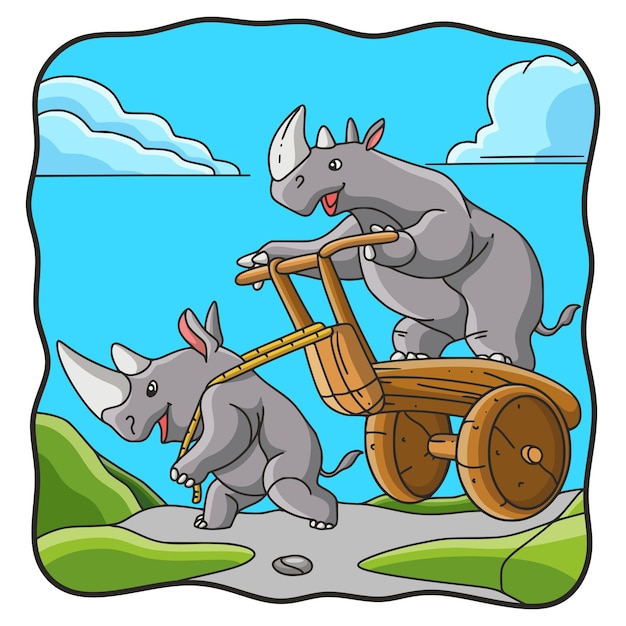 Cartoon illustration rhino playing cart