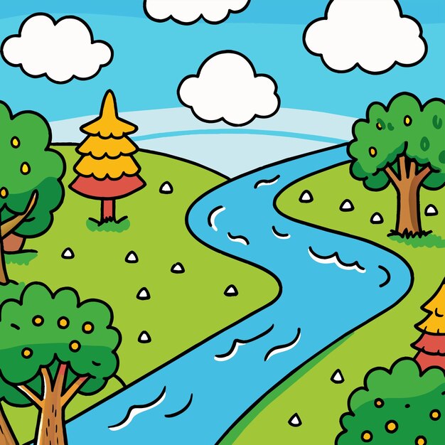 a cartoon illustration of a river with trees and clouds