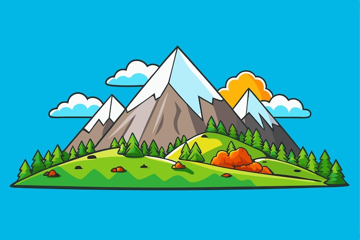 Вектор мультфильмная иллюстрация дороги с горами и деревьями
