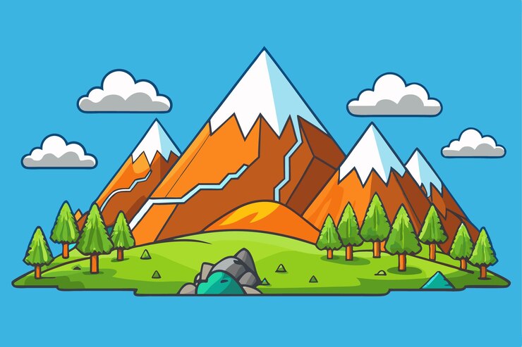 Вектор мультфильмная иллюстрация дороги с горами и деревьями