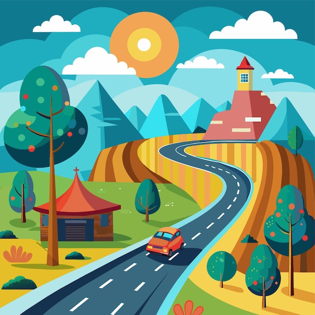 Un'illustrazione di cartone animato di una strada con una foto di una strada e degli alberi