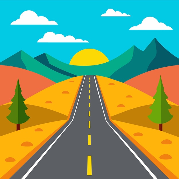 Vector a cartoon illustration of a road with a picture of a road and trees