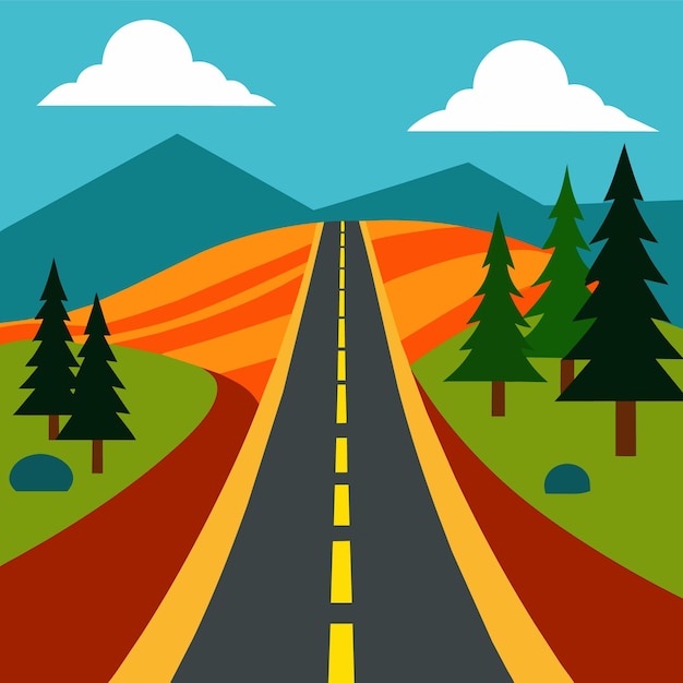 Un'illustrazione di cartone animato di una strada con una foto di una strada e degli alberi