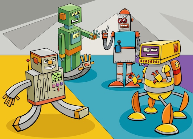 Мультфильм иллюстрация группы комических персонажей роботов