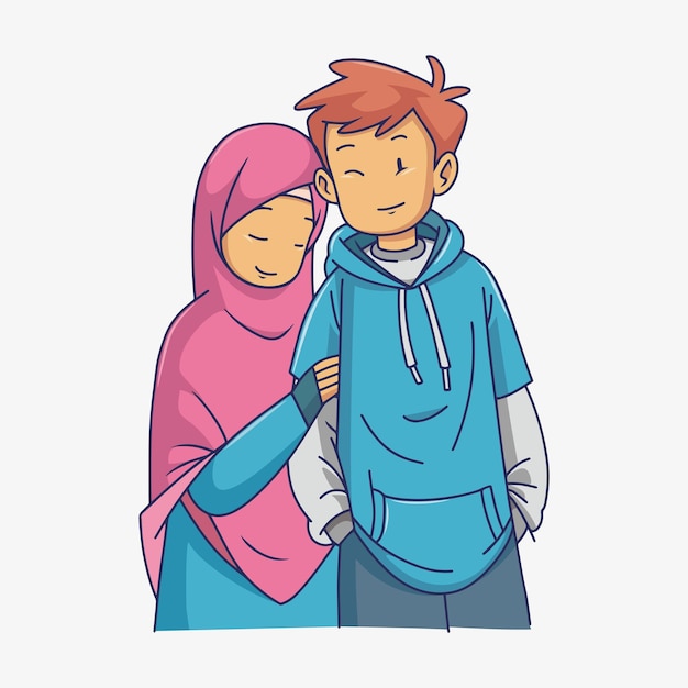 Vettore illustrazione del fumetto della coppia musulmana romantica