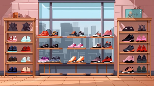 Vector a cartoon illustration of a room with a shoe rack and a window with the word shoe on it