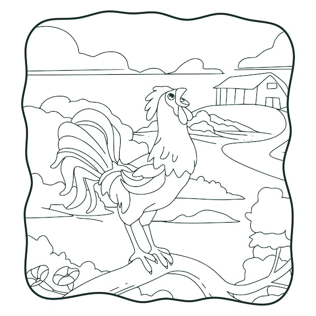 Cartoon illustration rooster crowing book or page for kids black and white