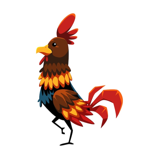 A cartoon illustration of a rooster with red and yellow feathers