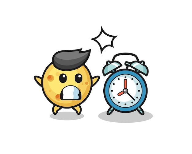 Cartoon Illustration of round cheese is surprised with a giant alarm clock