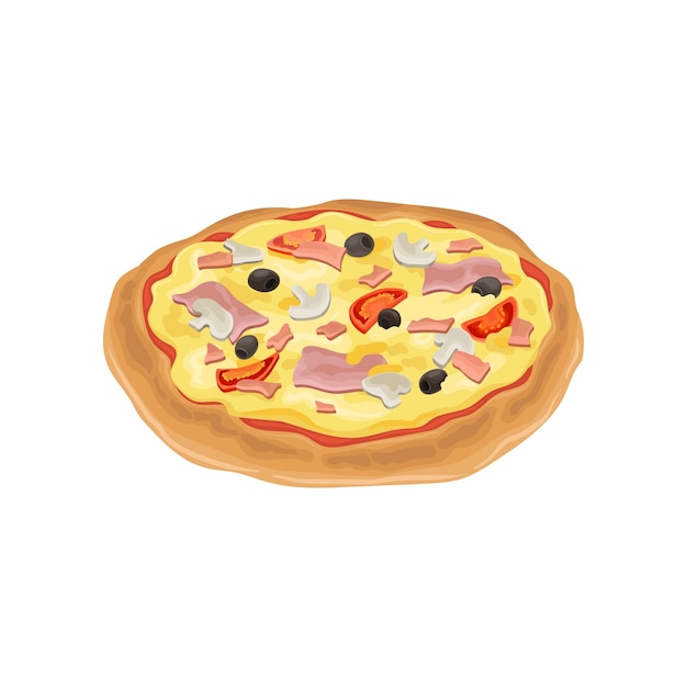 Cartoon illustration of round pizza fresh ingredients colorful flat vector element for cafe or pizzeria menu