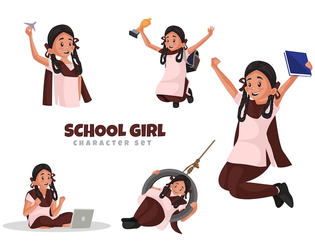 Vector cartoon illustration of school girl character set