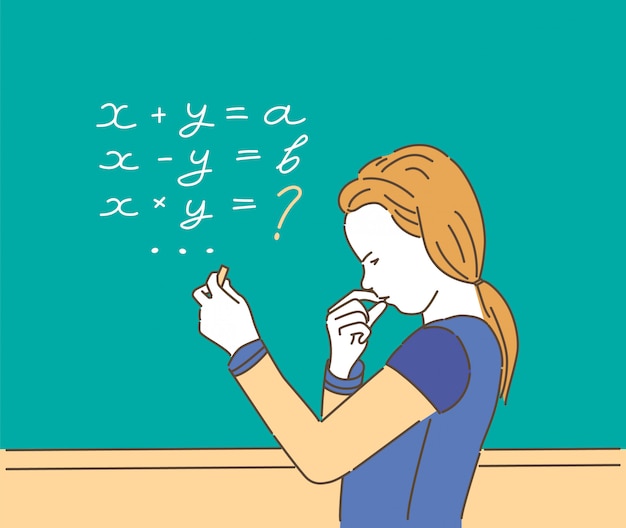 Cartoon illustration of school girl on lesson, sitting at desk and learning