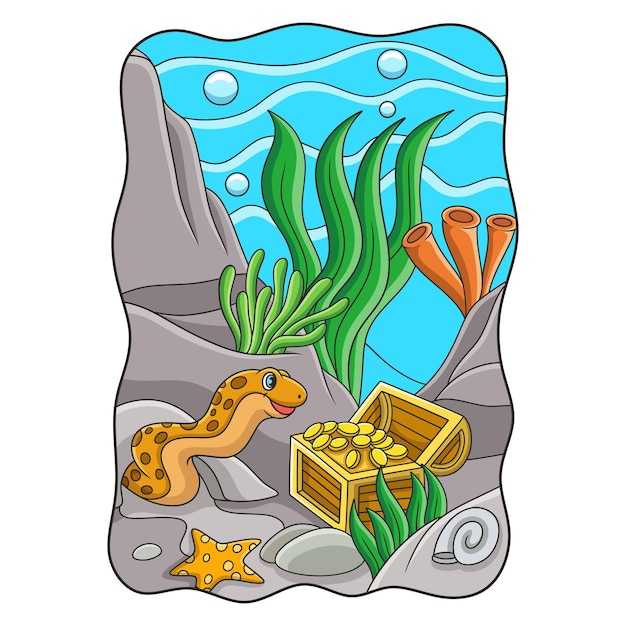 Vector cartoon illustration sea eels guard the treasure filled with gold in the sea