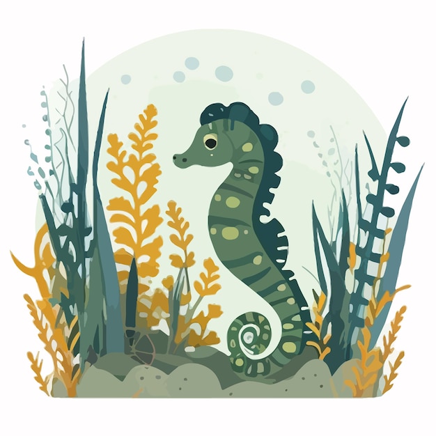 A cartoon illustration of a seahorse among plants