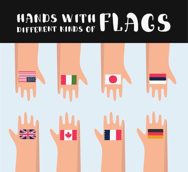 Cartoon illustrazione di impostare le mani con disegnato vari flag