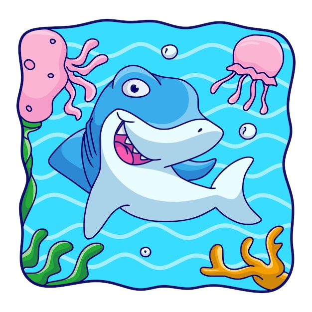 Cartoon illustration sharks and jellyfish swimming