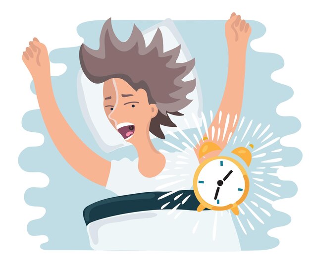 cartoon illustration of slept through woman woke up