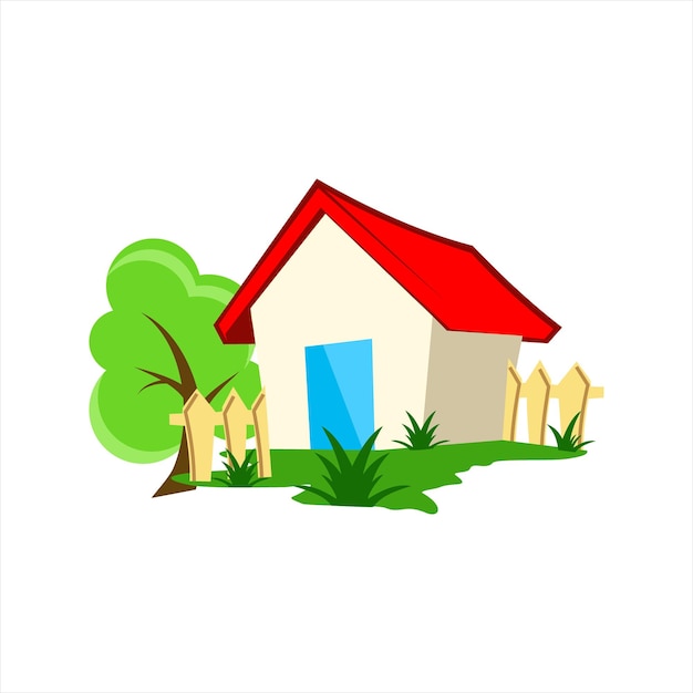 Cartoon illustration of Small house with lawn yard