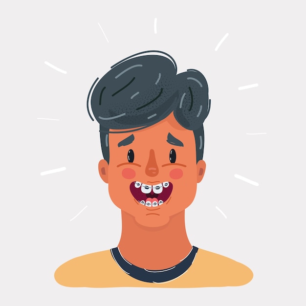 Cartoon illustration of smiling kid boy with braces on his teeth portrait on white background