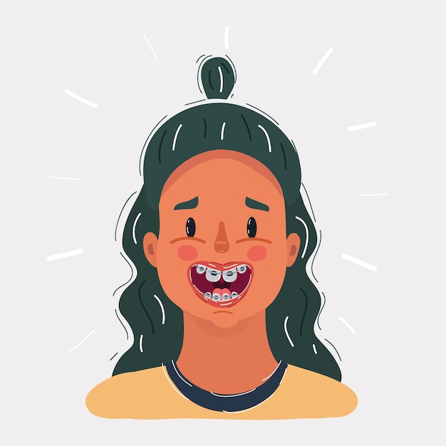 Cartoon illustration of smiling kid girl with braces on his teeth portrait on white background