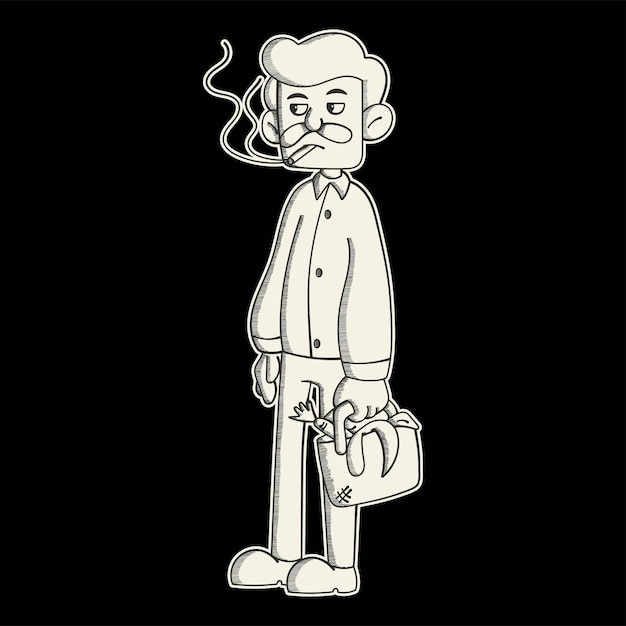 喫煙者の漫画イラストは、タバコを吸って、手に野菜の袋を持っています