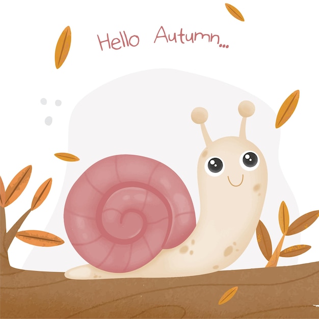 a cartoon illustration of a snail with the words hello autumn