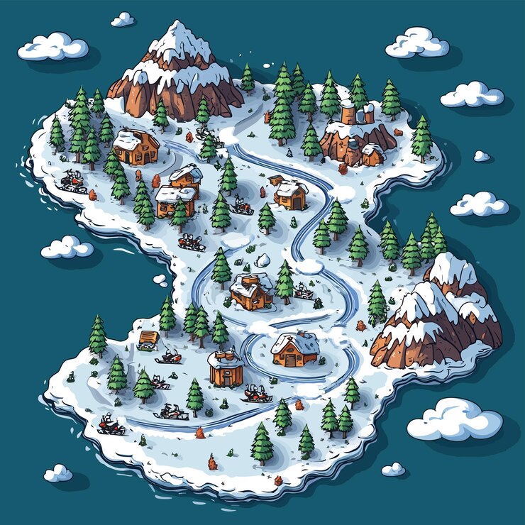 Vector a cartoon illustration of a snow globe with houses and mountains