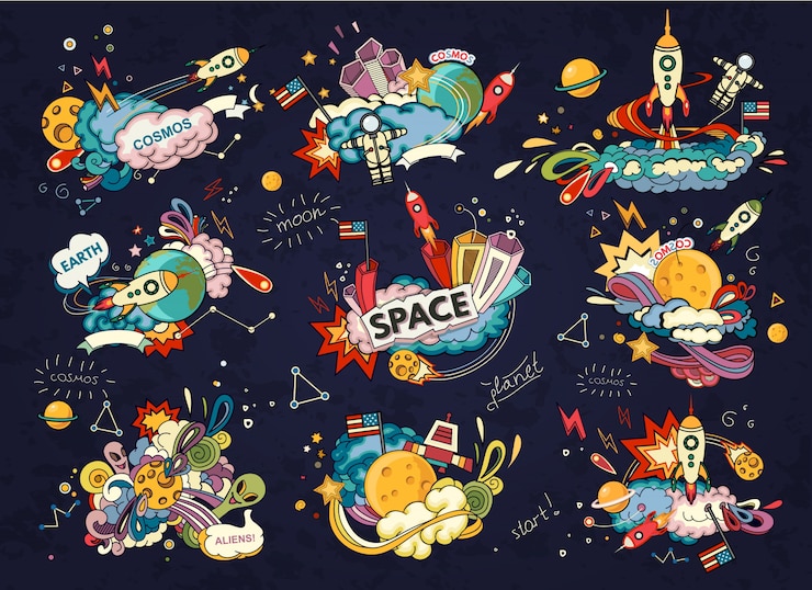 Vector 宇宙の漫画イラスト。月、惑星、ロケット、地球、宇宙飛行士、彗星、宇宙。