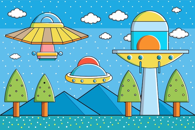 A cartoon illustration of a spaceship with planets and trees