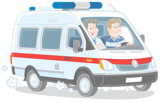 cartoon illustration of a special medical vehicle with ambulancemen hurrying to rescue