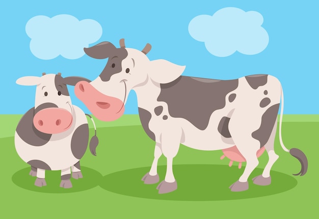 Vector cartoon illustration of spotted cow farm animal character with calf