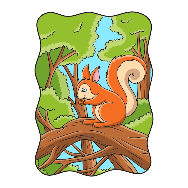 Cartoon illustration a squirrel eating nuts on a tall tree