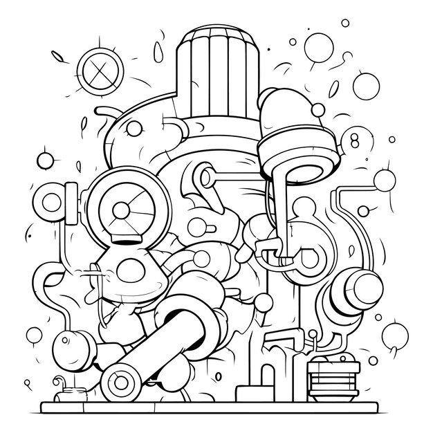 Vector cartoon illustration of a steam engine line art for coloring book