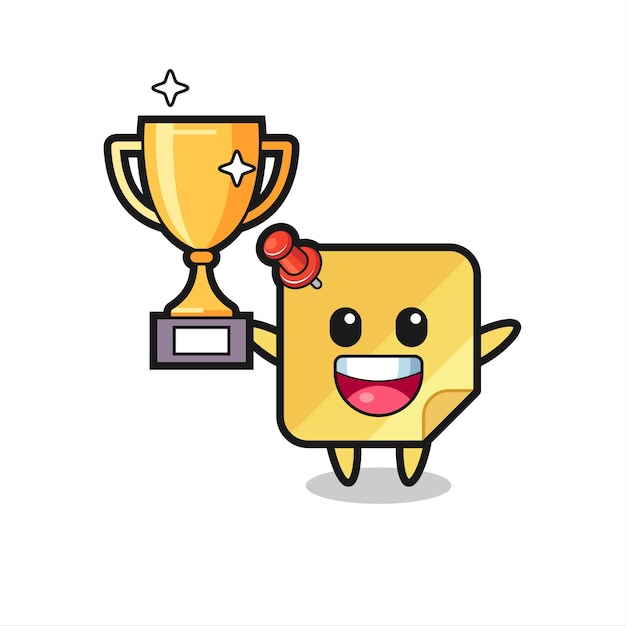 Cartoon Illustration of sticky note is happy holding up the golden trophy