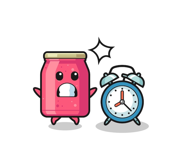 Cartoon illustration of strawberry jam is surprised with a giant alarm clock , cute design