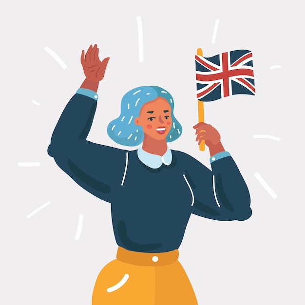 cartoon illustration of studying English or travelling. Beautiful Girl with British flag waving to you. Human character on white background.