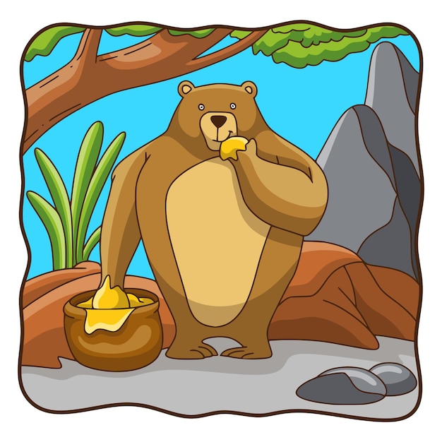 Мультфильм иллюстрация солнечный медведь ест мед