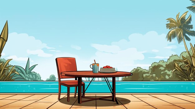 Vector a cartoon illustration of a table with a red chair and a table with food on it